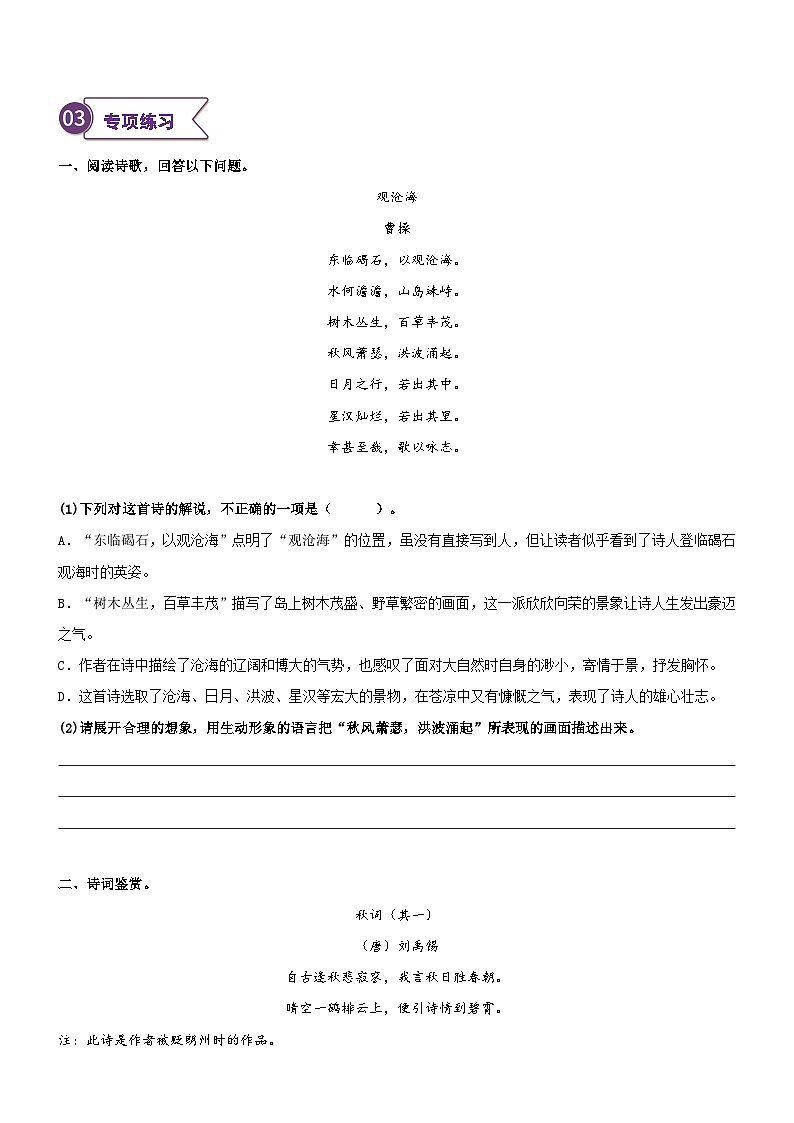 2023年部编版小升初六升七语文无忧衔接——专题22  拓展讲义：诗词鉴赏之描述诗词画面02