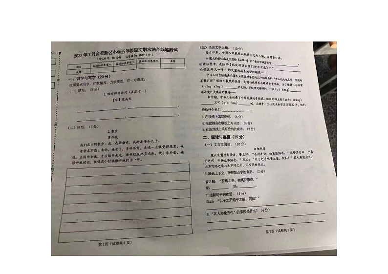 辽宁省大连市金州区2022-2023学年五年级下学期7月期末语文试题01