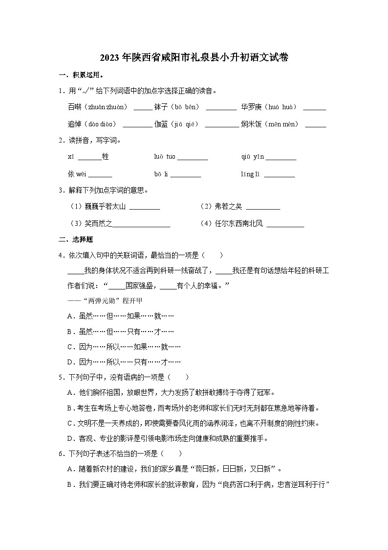 2023年陕西省咸阳市礼泉县小升初语文试卷01