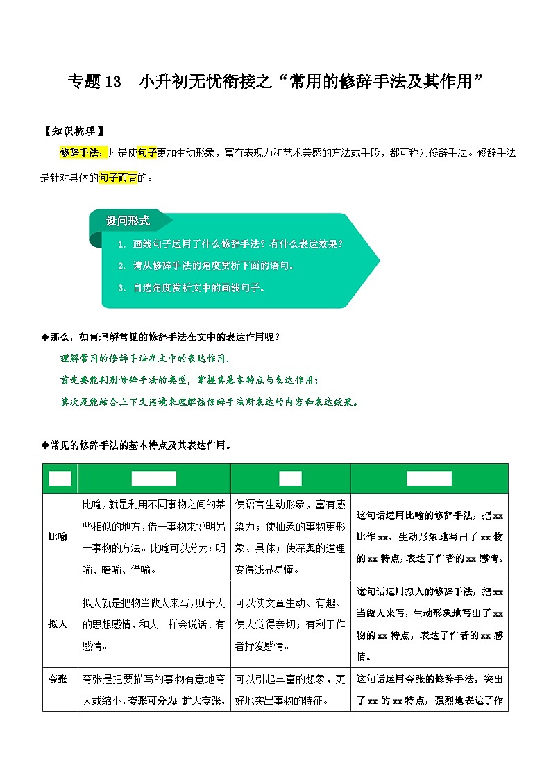 统编版语文小升初暑期提升讲练 专题13  拓展讲义：【常用的修辞手法及其作用】（原卷版+解析版）01