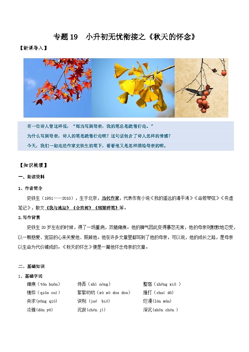 统编版语文小升初暑期提升讲练 专题19  同步讲义：《秋天的怀念》新课预习（原卷版+解析版）01