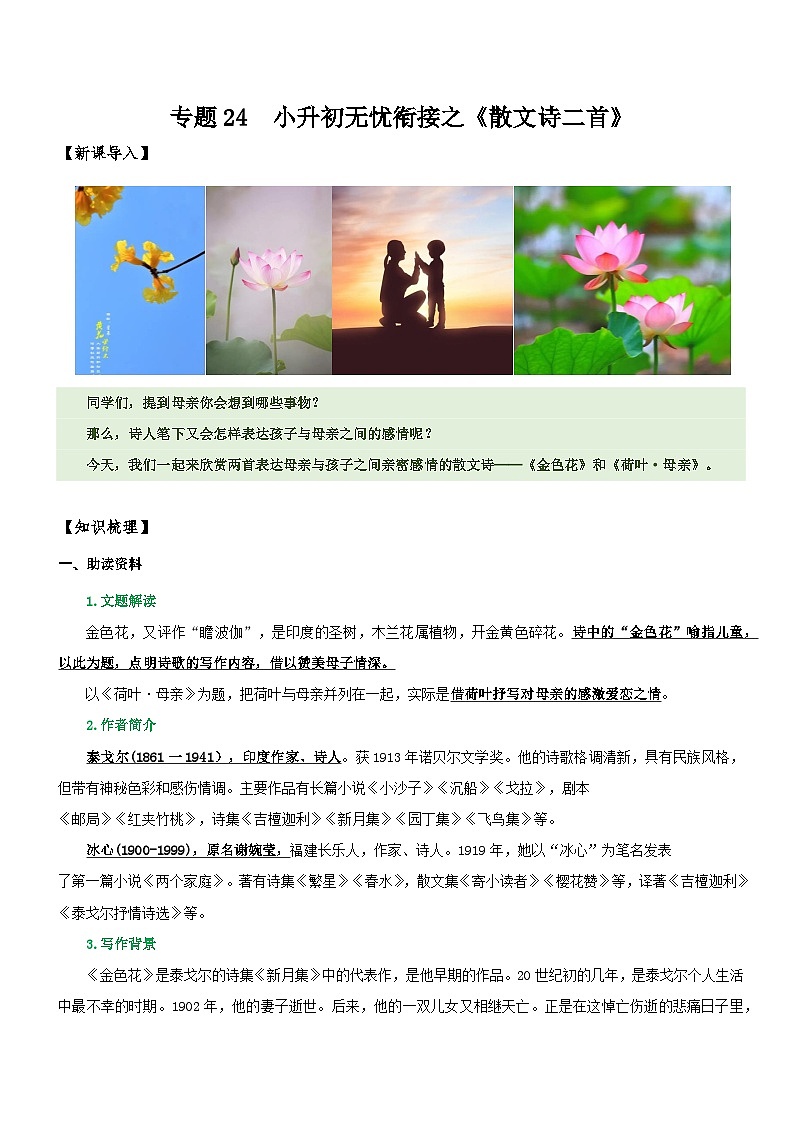 统编版语文小升初暑期提升讲练 专题24  同步讲义：《散文诗二首》新课预习（原卷版+解析版）01