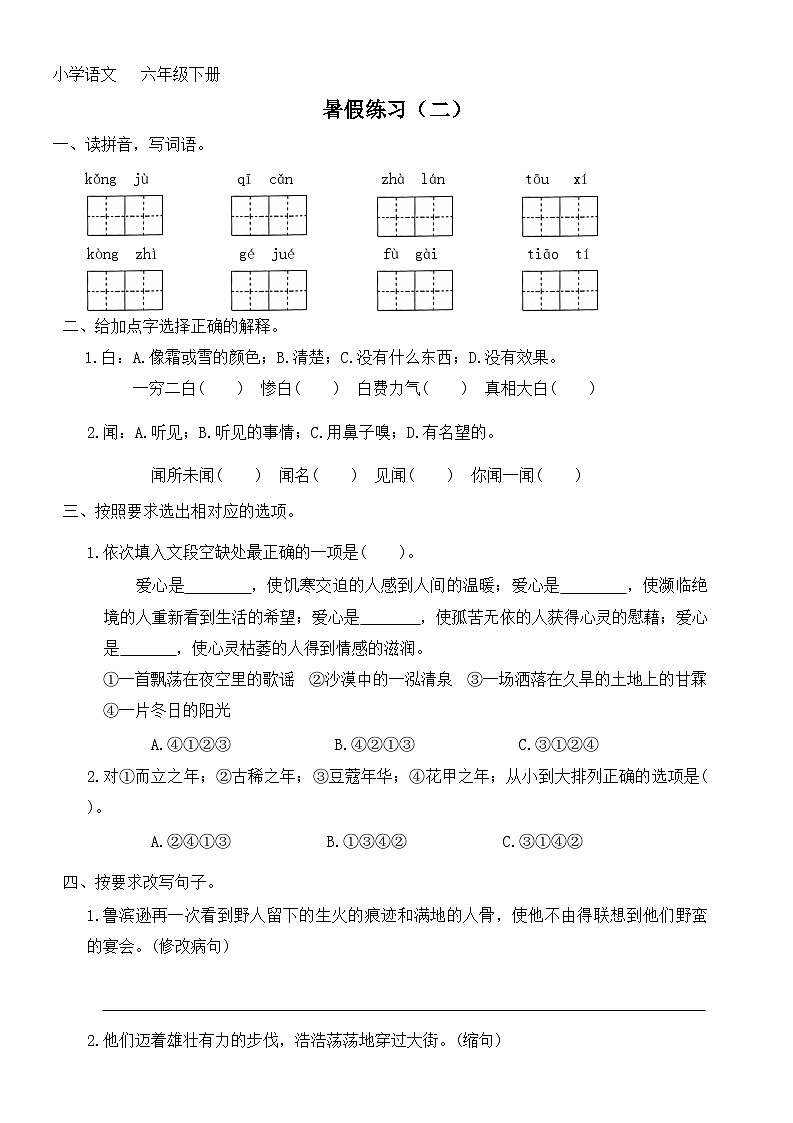 暑假练习（二）（试题）统编版语文六年级下册01