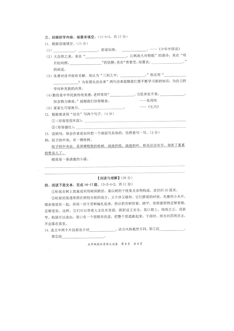 福建省泉州市安溪县2022-2023学年五年级上学期期末考试语文试题03