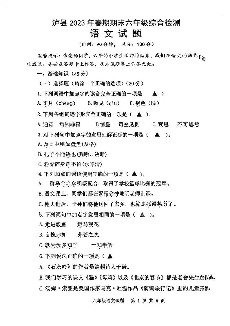 四川省泸州市泸县2022-2023学年六年级下学期期末语文试卷第1页