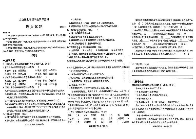山东省临沂市兰山区2022-2023学年六年级下学期期末语文试卷第1页