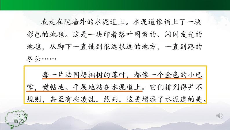 【授课课件】三年级上册语文+5《铺满金色巴掌的水泥道》（第二课时）（人教部编版）第8页