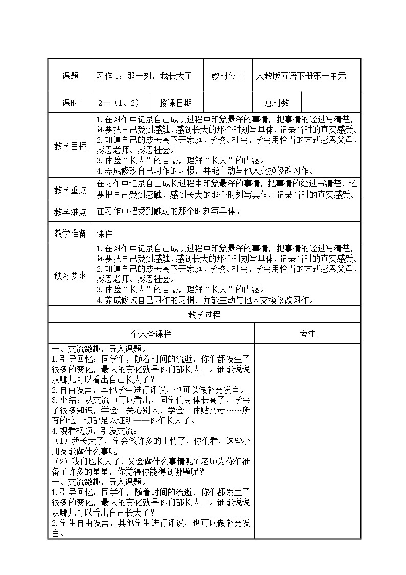 部编版五年级语文下册第一单元《习作：那一刻，我长大了》教案（集体备课）01