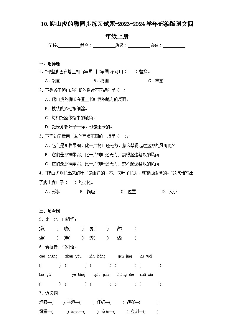 10.爬山虎的脚同步练习试题-2023-2024学年部编版语文四年级上册01