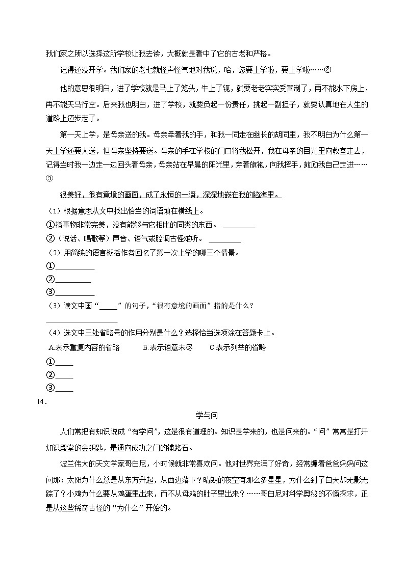 辽宁省沈阳市沈北新区2023年小升初语文试卷（解析版）03