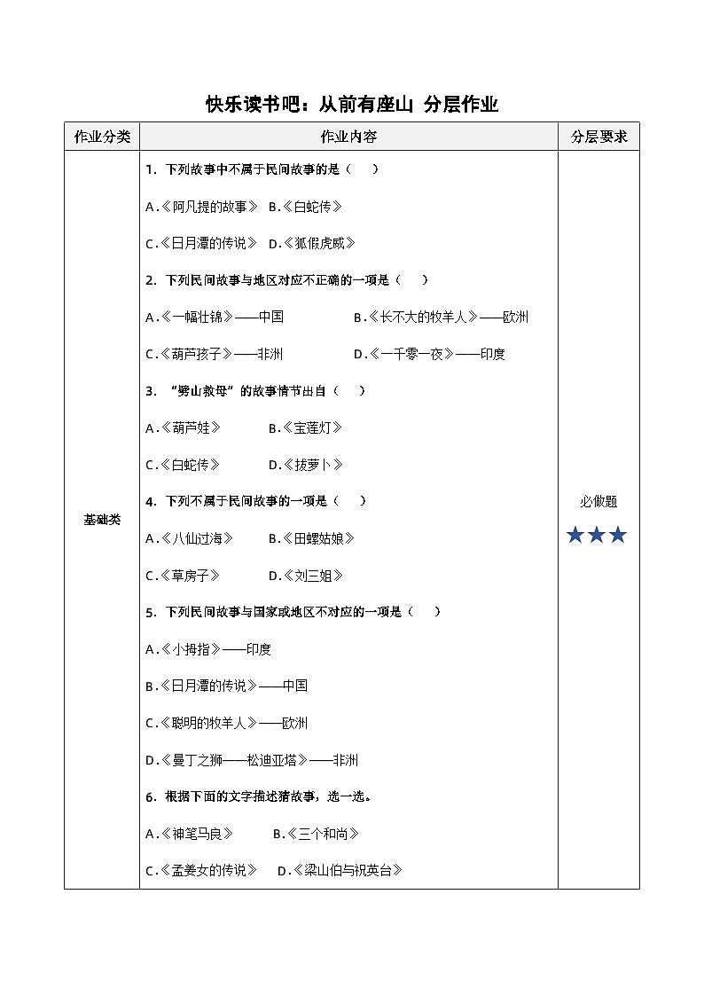 快乐读书吧：从前有座山（分层作业）- 五年级语文上册部编版第1页