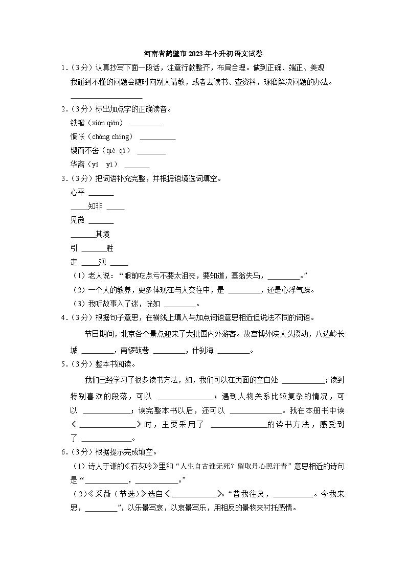 河南省鹤壁市2023年小升初语文试卷（解析版）第1页