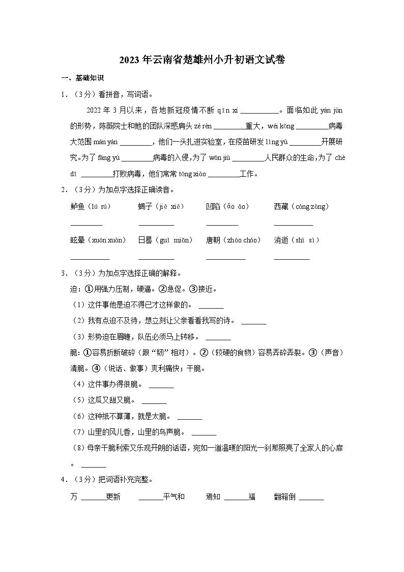 2023年云南省楚雄州小升初语文试卷（含解析）01