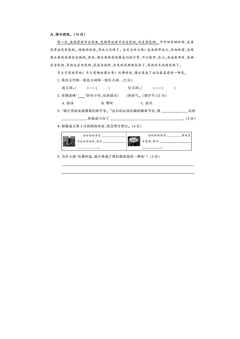 部编三年级语文上册第五单元综合训练（附答案）第3页