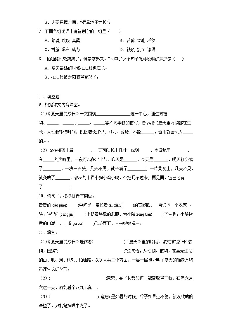 16.夏天里的成长同步练习试题-2023-2024学年部编版语文六年级上册（原卷版）第2页