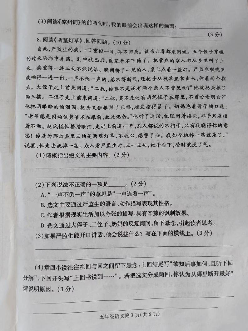 陕西省安康市紫阳县双桥镇中心小学2022-2023学年五年级下学期期末学情评价语文试卷第3页