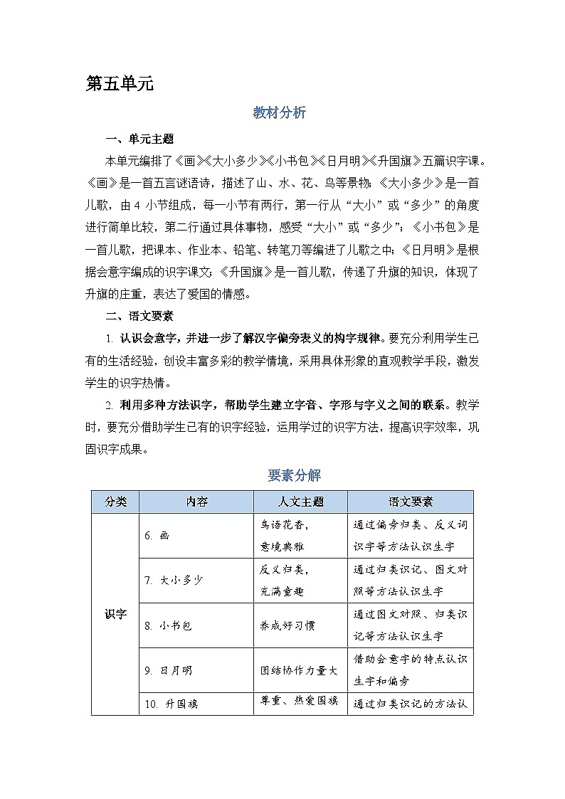 人教部编语文1上 单元教学总览（教案）第1页