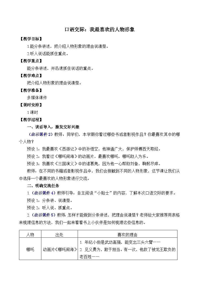 部编版五上语文  《口语交际：我最喜欢的人物形象》  课件+教案01