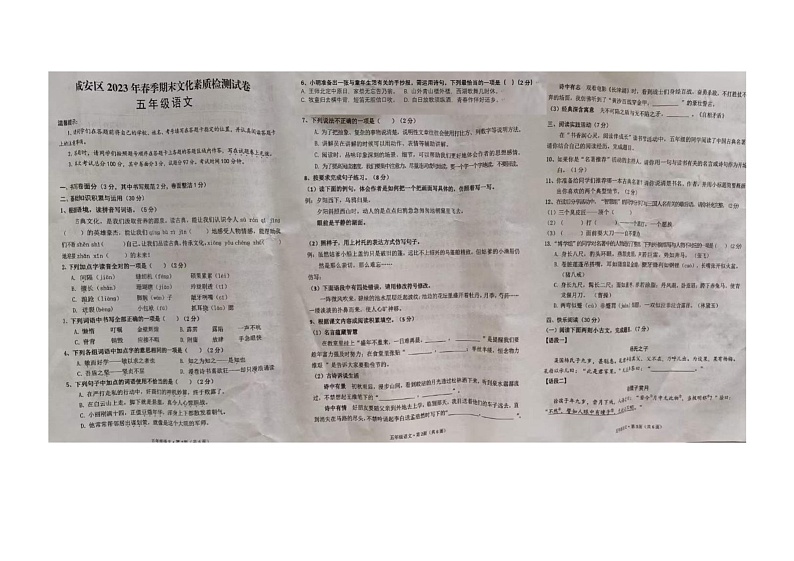 湖北省咸宁市咸安区2022-2023学年五年级下学期期末语文试卷01