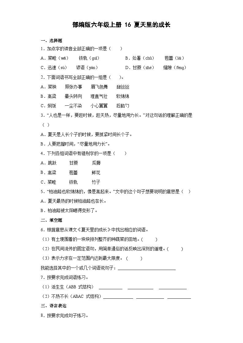 【 同步练习】部编版语文六年级上册--16夏天里的成长 同步练习（有解析）01
