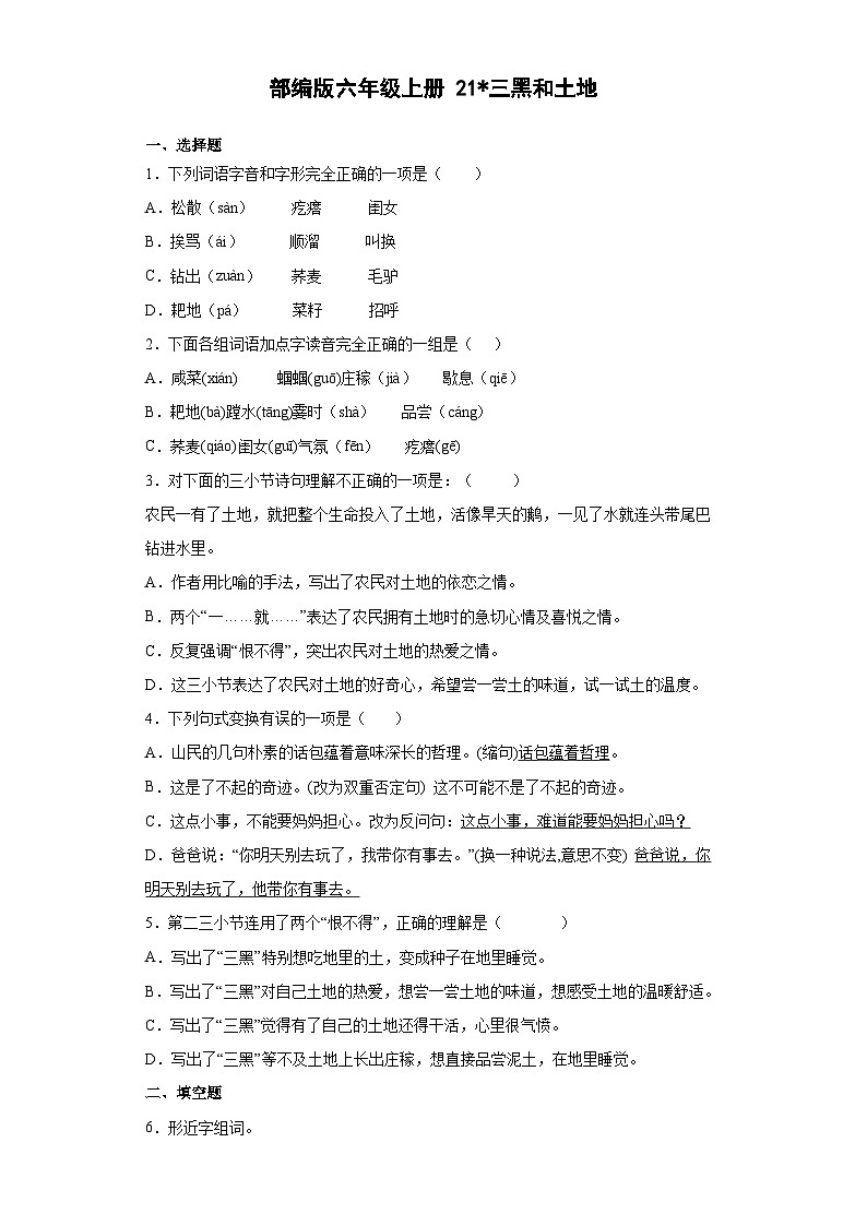 【 同步练习】部编版语文六年级上册--21三黑和土地 同步练习（有解析）01