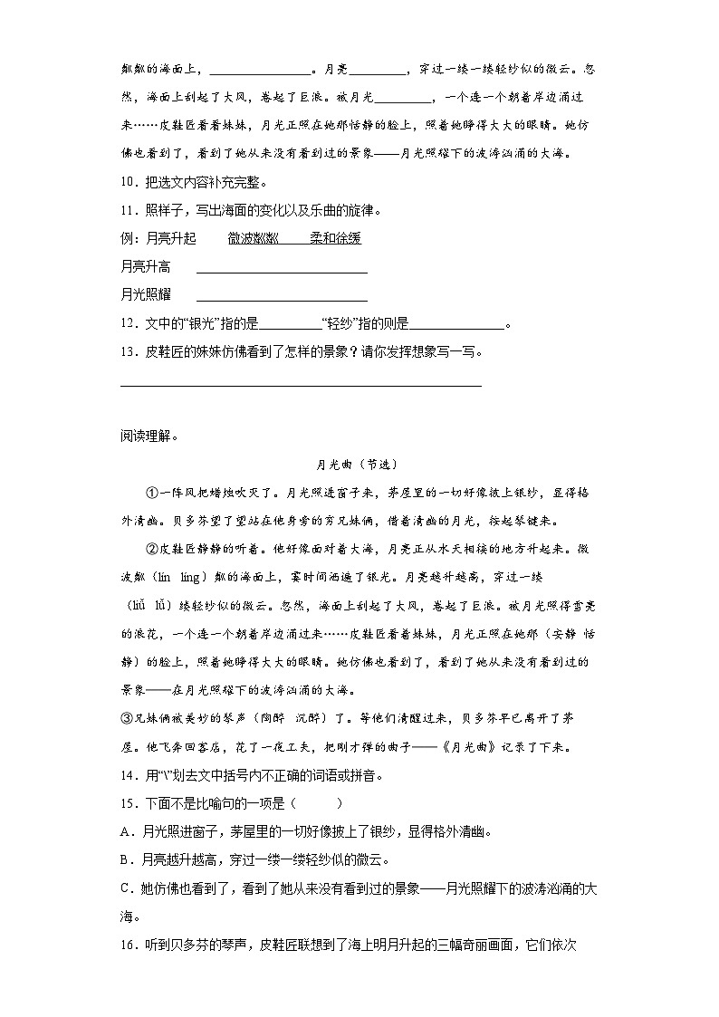 【 同步练习】部编版语文六年级上册--23月光曲 同步练习（有解析）03