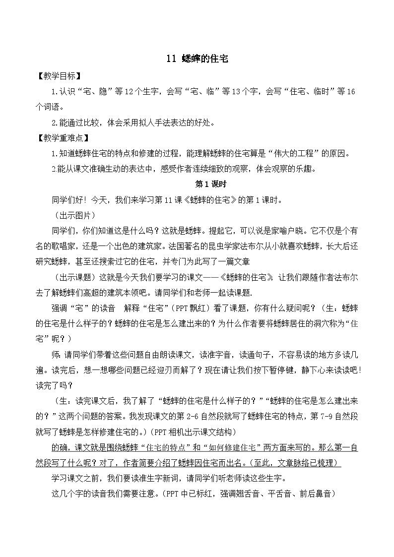 【同步教案】部编版语文四年级上册--11 蟋蟀的住宅  教案（2课时）01