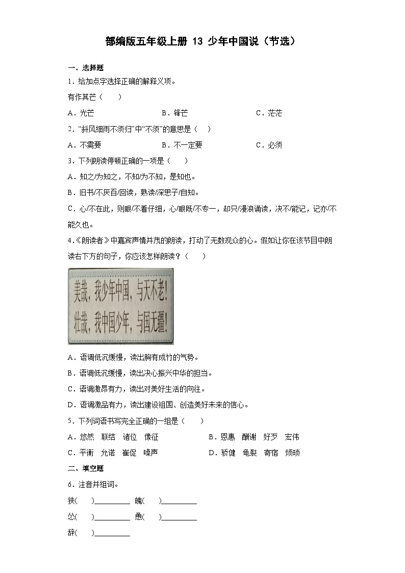 【同步练习】部编版语文五年级上册--13少年中国说（节选） 同步练习（含答案）01