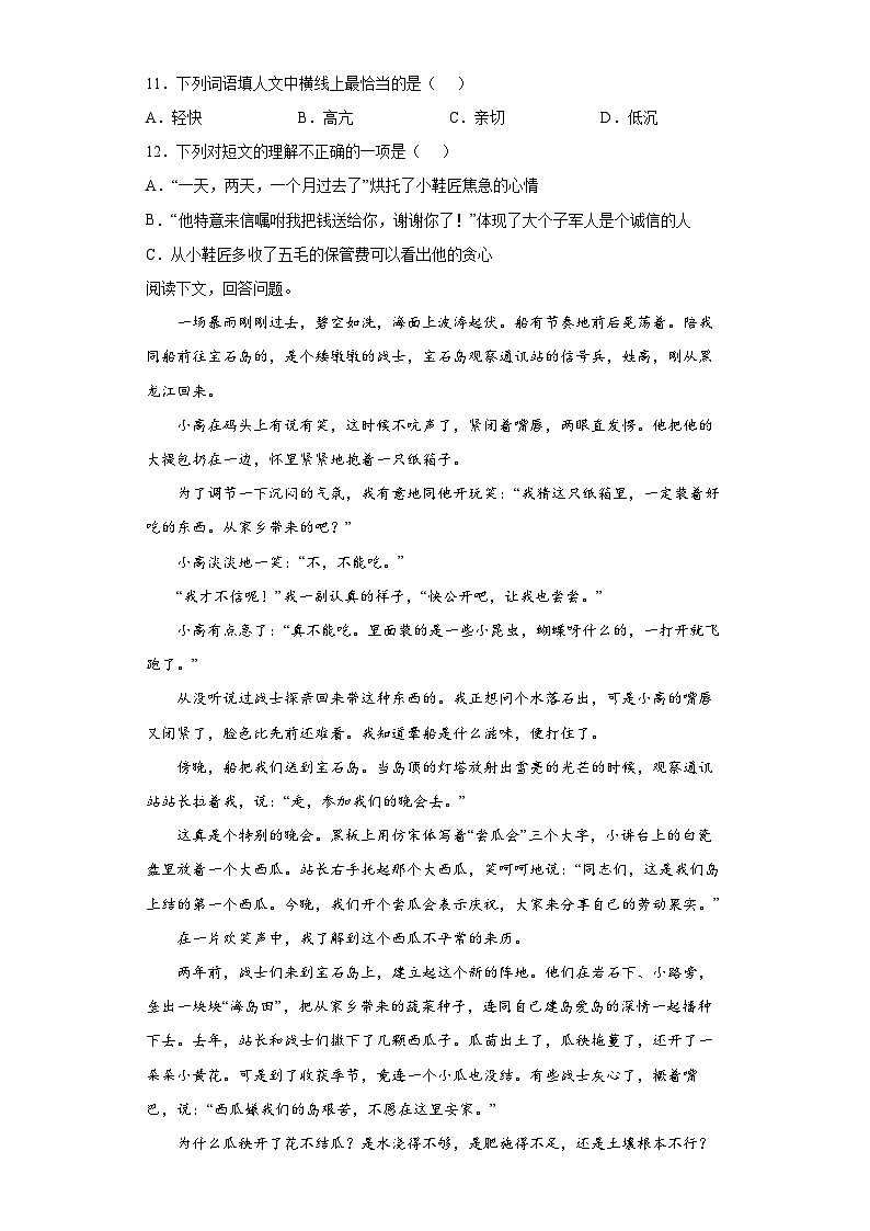 【同步练习】部编版语文五年级上册--15小岛 同步练习（含答案）03