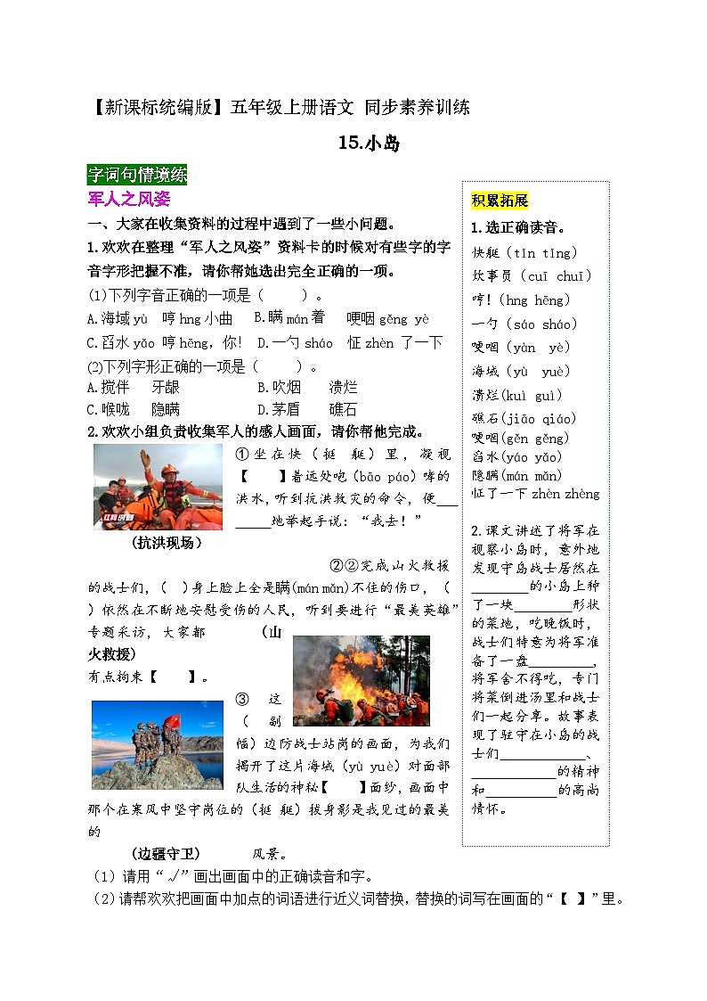 《15 小岛》同步素养训练（带答案）2023-2024学年五年级语文上册（统编版）01