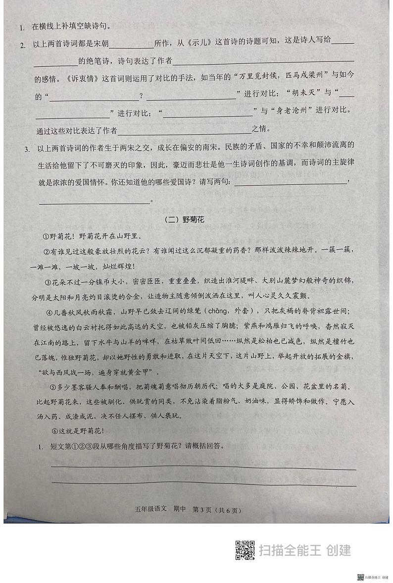 广东省深圳市振能学校2022-2023年五年级上学期期中语文试卷第3页