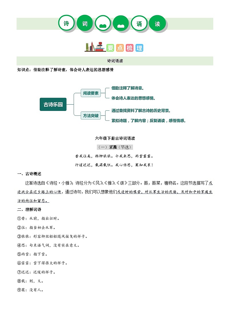【单元复习】部编版语文六年级下册-古诗词诵读复习讲义（讲义+检测）01