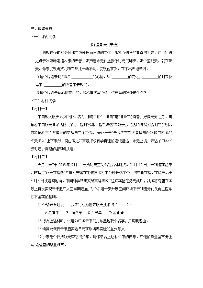 2023年新疆乌鲁木齐市天山区小升初语文试卷（含解析）第3页