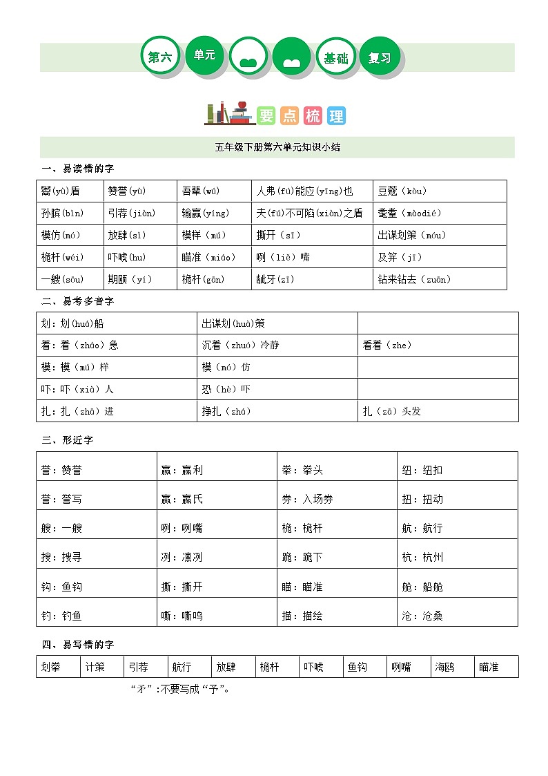 【单元复习】部编版语文五年级下册-第六单元复习讲义（讲义+检测）01
