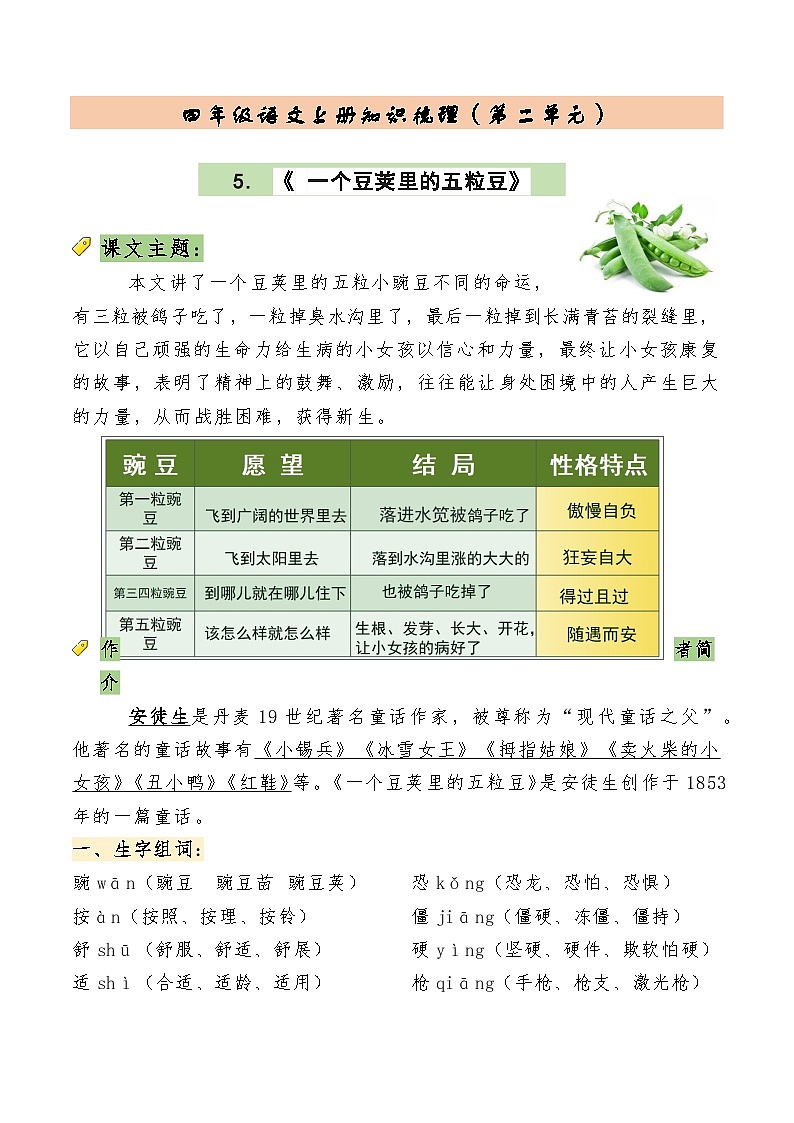 【单元复习讲义】部编版语文四年级上册-第二单元复习讲义（知识梳理+检测）01