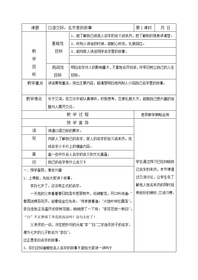 部编版三年级语文上册第四单元《口语交际—名字里的故事》教案第1页