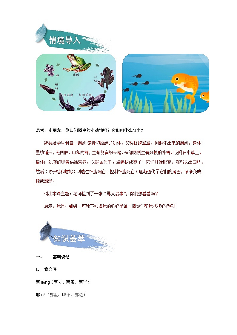 【知识精讲精练】部编版语文二年级上册-第01课：小蝌蚪找妈妈 知识点讲义+练习（教师版+学生版）02