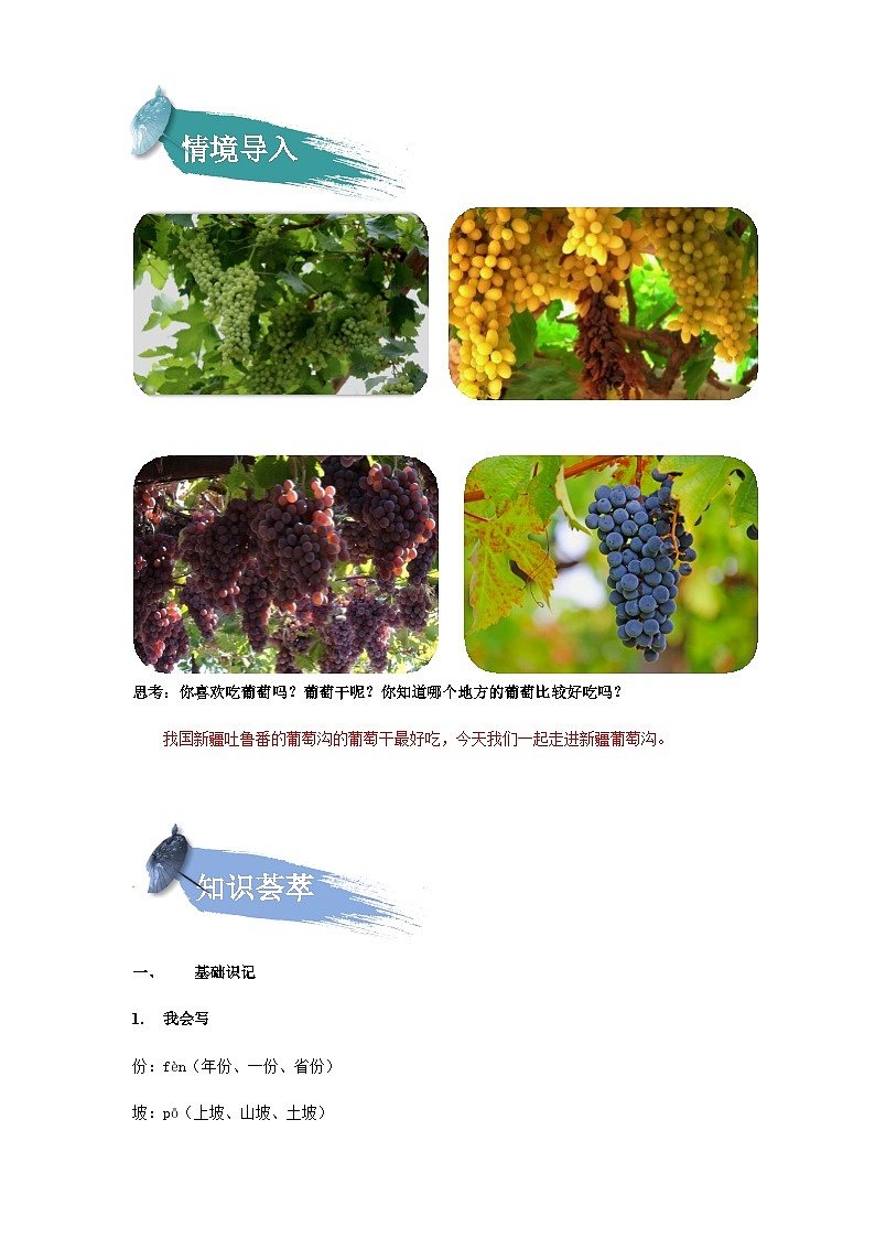 【知识精讲精练】部编版语文二年级上册-课文（三）课文11：葡萄沟 知识点讲义+练习（教师版+学生版）02