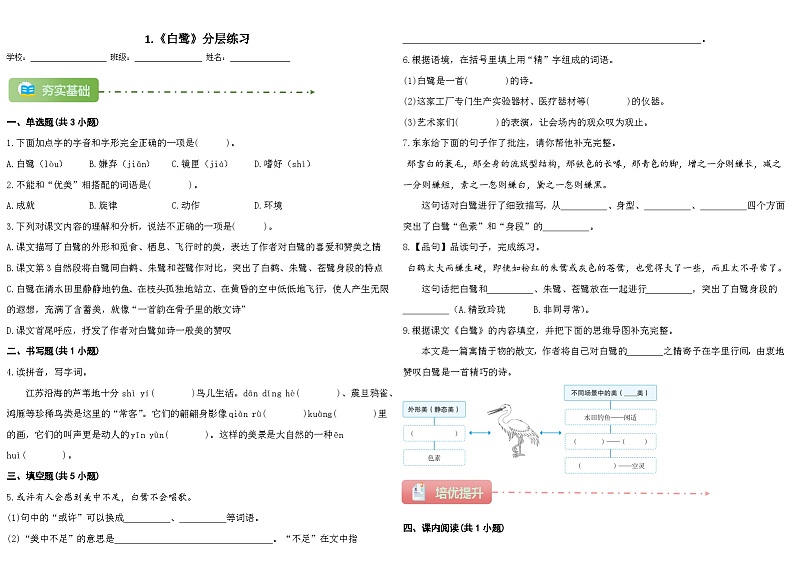 2023秋部编版五年级语文上册《1.白鹭》分层练习01