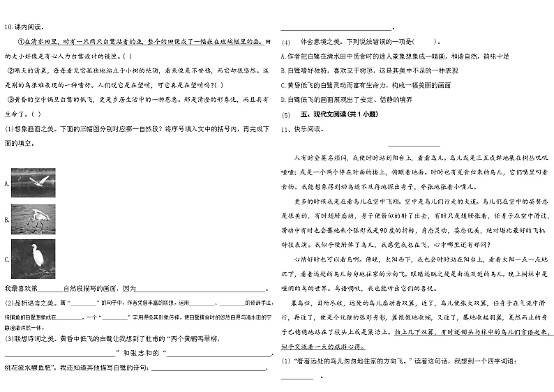 2023秋部编版五年级语文上册《1.白鹭》分层练习02