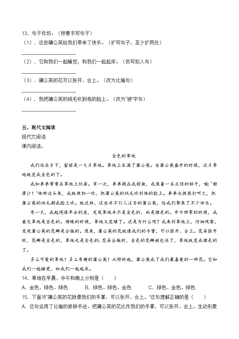 【培优导航·高效练习】三年级上册语文一课一练-16 金色的草地-人教部编版（含答案）第3页