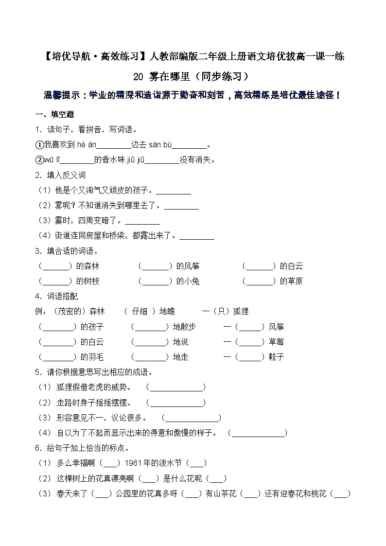 【培优导航·高效练习】二年级上册语文一课一练-20 雾在哪里-人教部编版（含答案）第1页