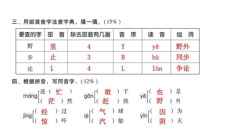 人教版小学语文二年级上册第七单元综合能力评价（试卷）课件第5页