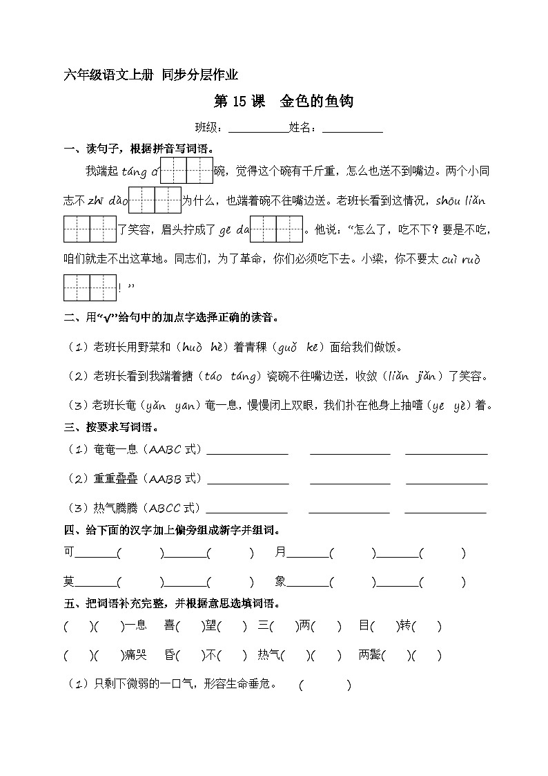 第15课 金色的鱼钩  同步分层作业 2023-2024学年六年级语文上册（统编版）第1页
