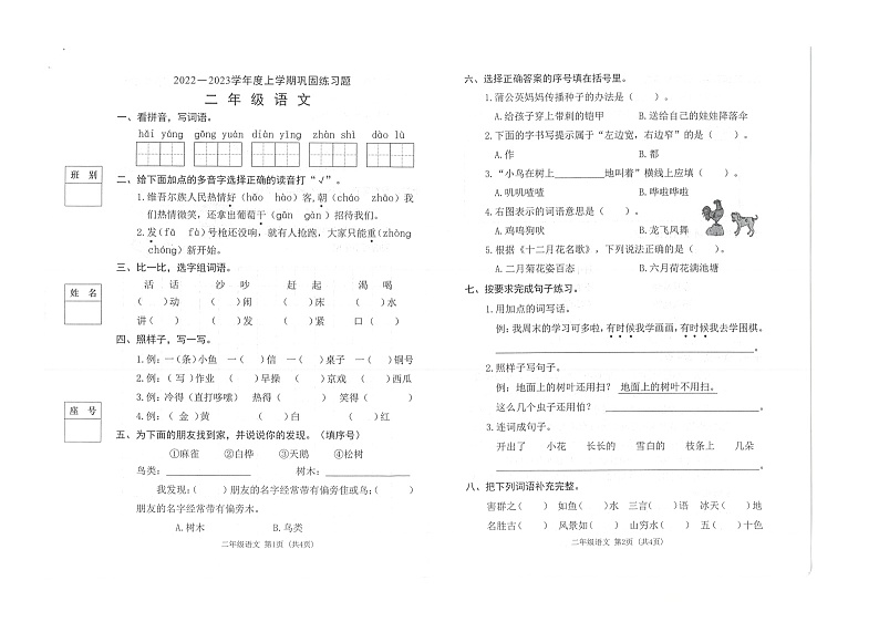 广东省东莞市2022-2023学年二年级上学期期末巩固练习语文试卷第1页