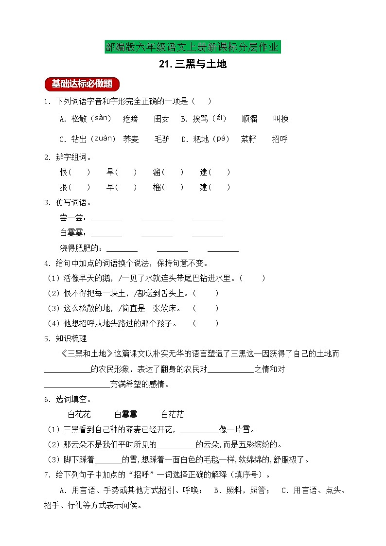 【新课标】统编版六年级语文上册分层作业设计-21.三黑与土地（含答案）第1页