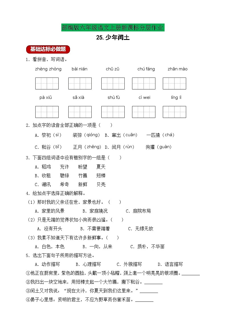 【新课标】统编版六年级语文上册分层作业设计25.少年闰土（含答案）01