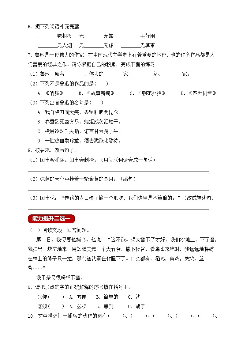 【新课标】统编版六年级语文上册分层作业设计25.少年闰土（含答案）02