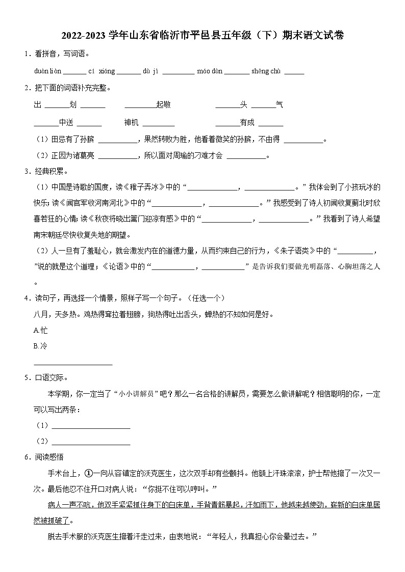 山东省临沂市平邑县2022-2023学年五年级下学期期末语文试卷01