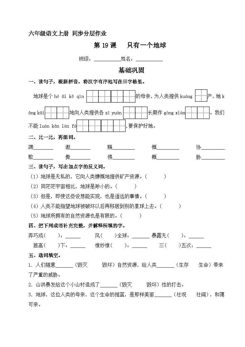第19课 只有一个地球  同步分层作业 2023-2024学年六年级语文上册（统编版）第1页